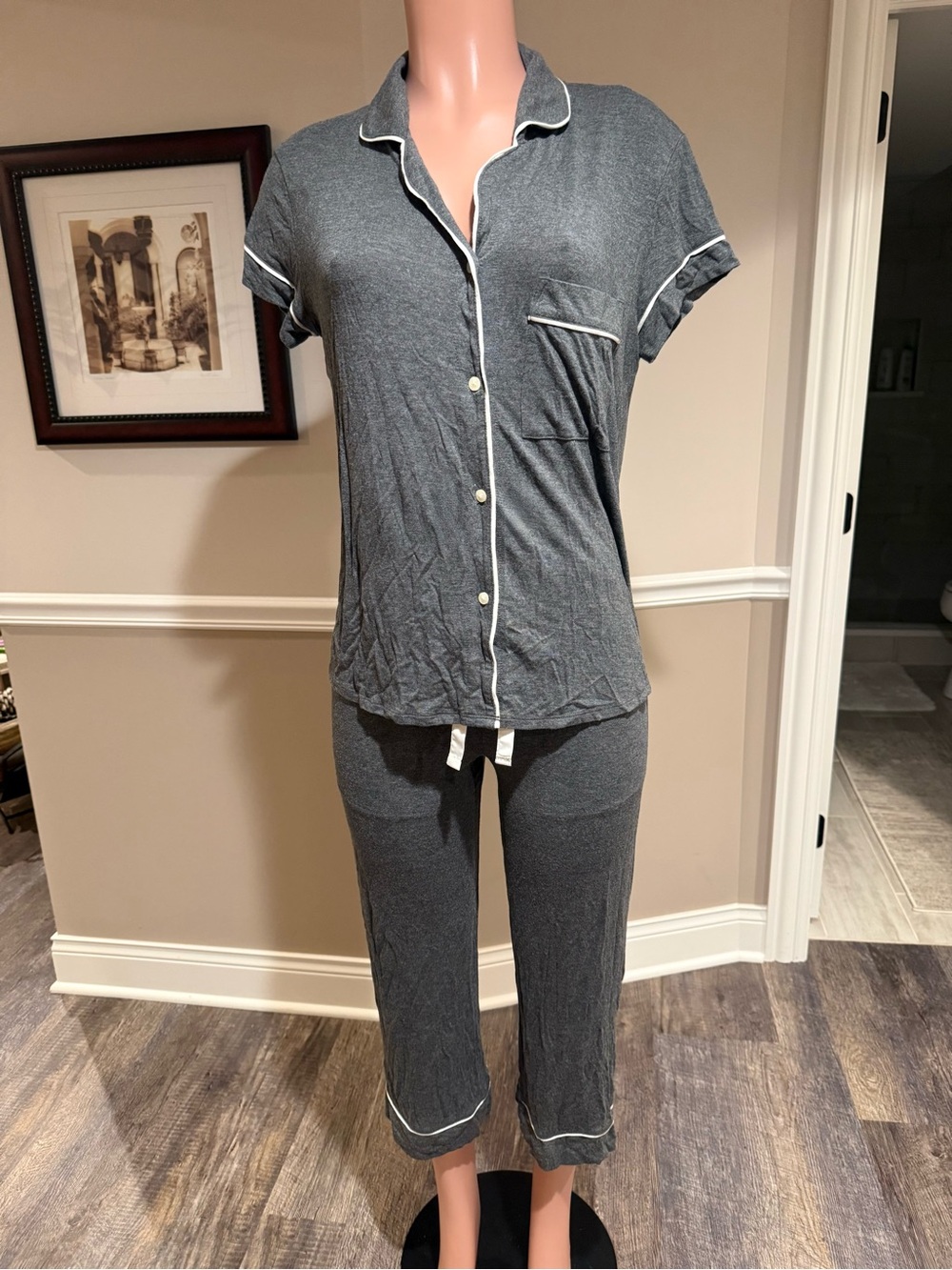 stars above Charcoal Gray Short-Sleeve Pajama Set with White Piping